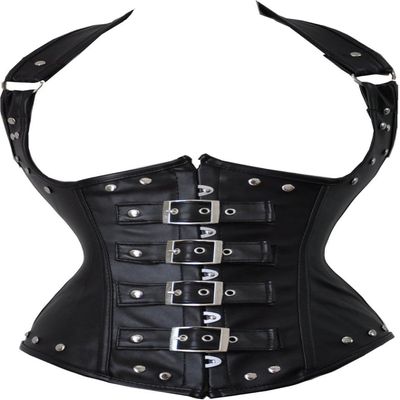 ADELCE Women's Steampunk Faux Leather Bustier Halter Shoulder Straps Underbust Corset Top Black 4XL