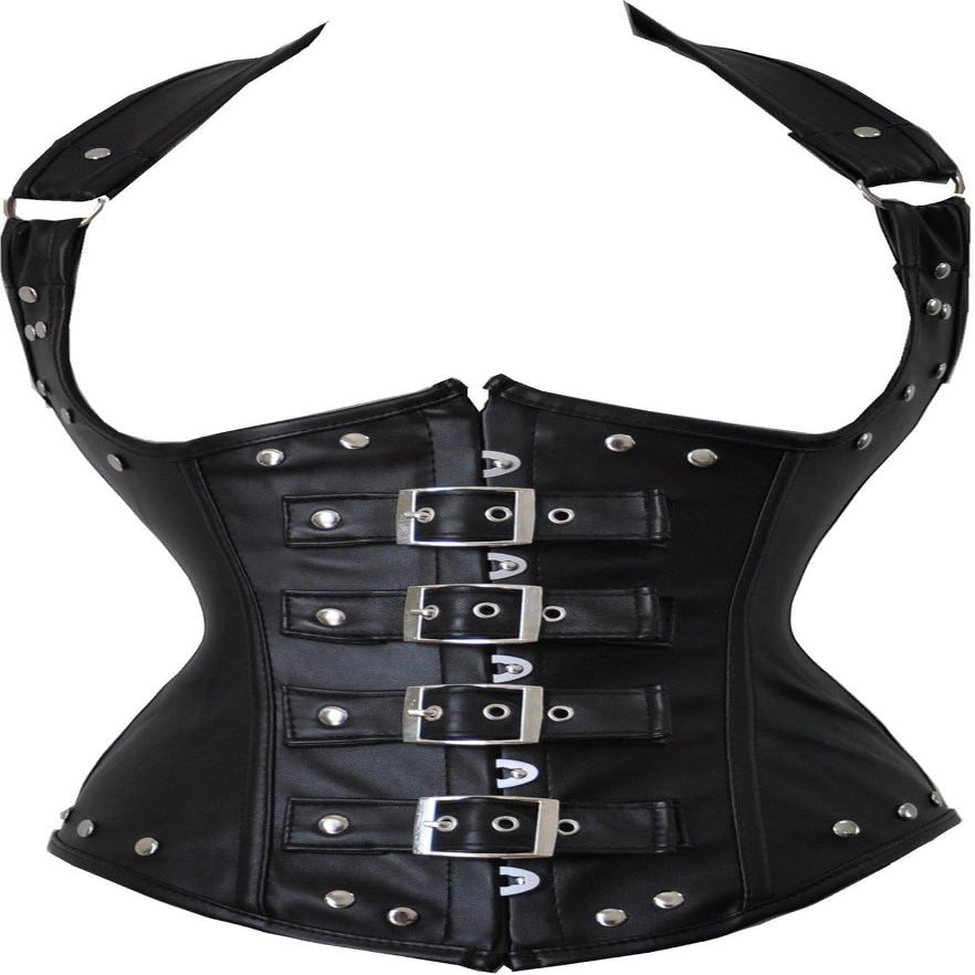 ADELCE Women's Steampunk Faux Leather Bustier Halter Shoulder Straps Underbust Corset Top Black 4XL