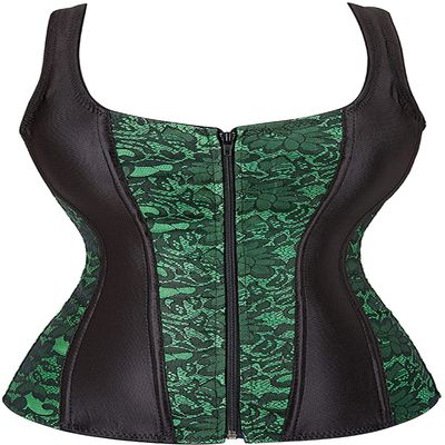 ADELCE Women's Sexy Lace Up Boned Floral Overbust Shaper Corset Bustiers Top with G-String Green 6XL