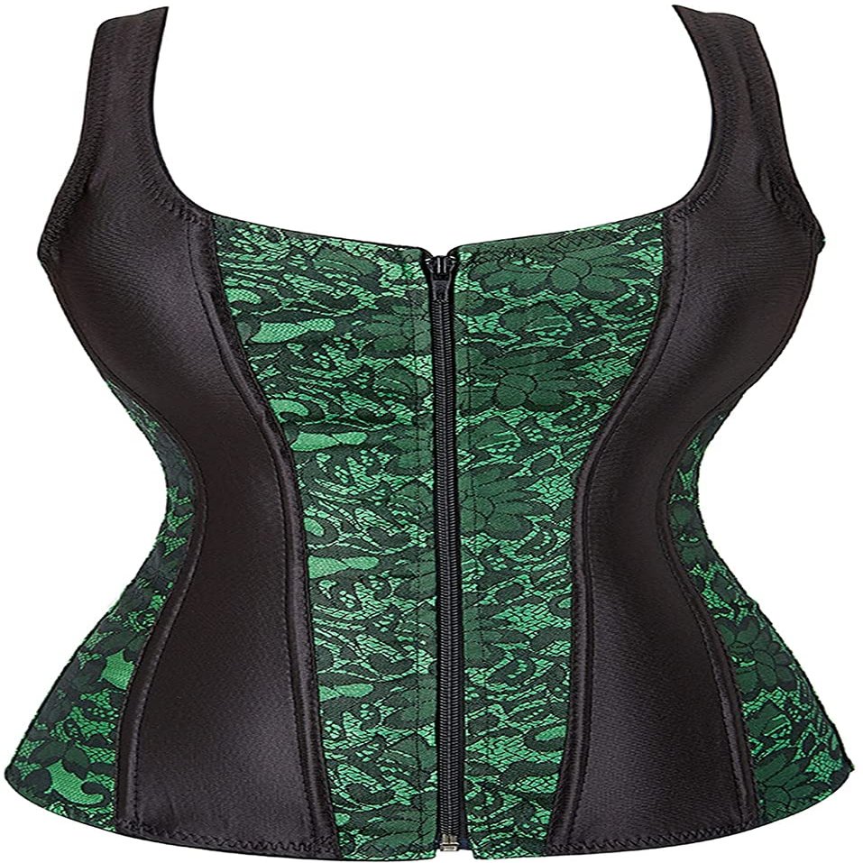 ADELCE Women's Sexy Lace Up Boned Floral Overbust Shaper Corset Bustiers Top with G-String Green 6XL