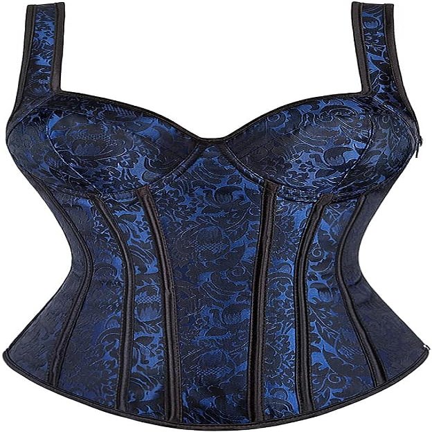 ADELCE Women's Lace up Gothic Jacquard Shoulder Straps Tank Overbust Shaper Corset Bustiers Top Blue L