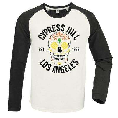 Amplified Unisex Adult Floral Skull Cypress Hill Vintage Long-Sleeved T-Shirt (XL) (White/Charcoal)