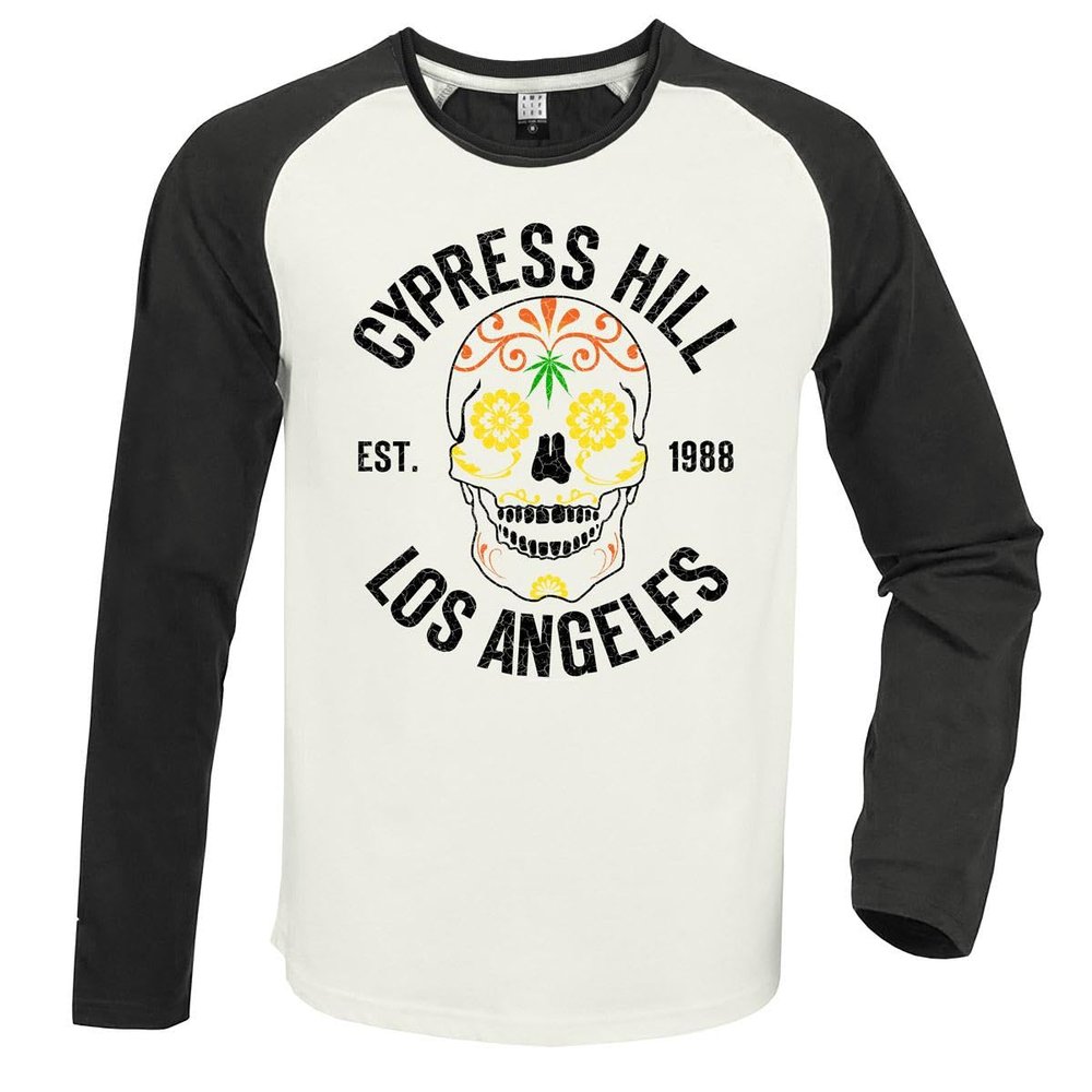 Amplified Unisex Adult Floral Skull Cypress Hill Vintage Long-Sleeved T-Shirt (XL) (White/Charcoal)