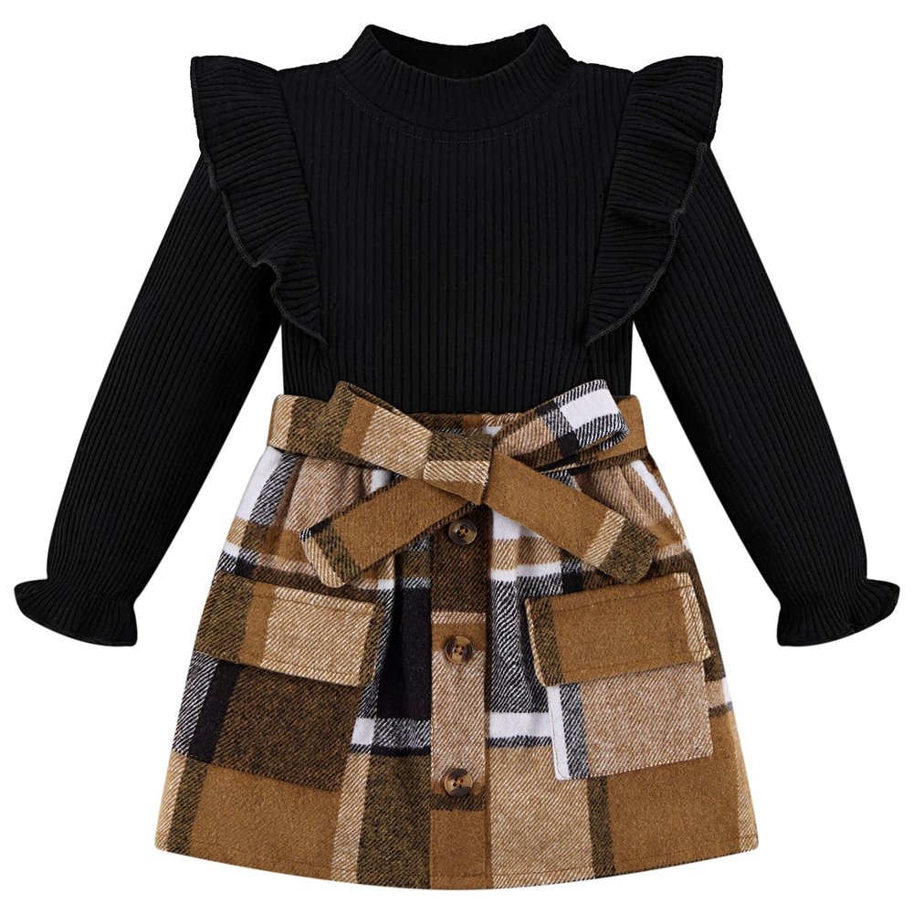 Weixinbuy 18-24 Months Girl Clothes Fall Outfit Baby Girl Long Sleeve Ribbed T-Shirt Knitted Sweater Tops Plaid Mini Skirt Set Black 1t 2t