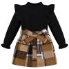 Weixinbuy 18-24 Months Girl Clothes Fall Outfit Baby Girl Long Sleeve Ribbed T-Shirt Knitted Sweater Tops Plaid Mini Skirt Set Black 1t 2t view 1