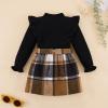 Weixinbuy 18-24 Months Girl Clothes Fall Outfit Baby Girl Long Sleeve Ribbed T-Shirt Knitted Sweater Tops Plaid Mini Skirt Set Black 1t 2t view 3