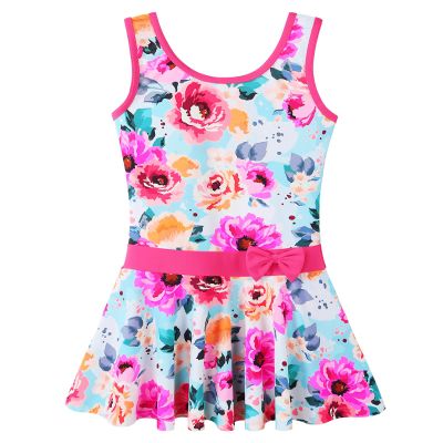 Girls Swimsuit One Piece UPF 50+ Floral Skirted Bathing Suit Modest Beach Swim Dress S458_HotPinkFlower_92/98