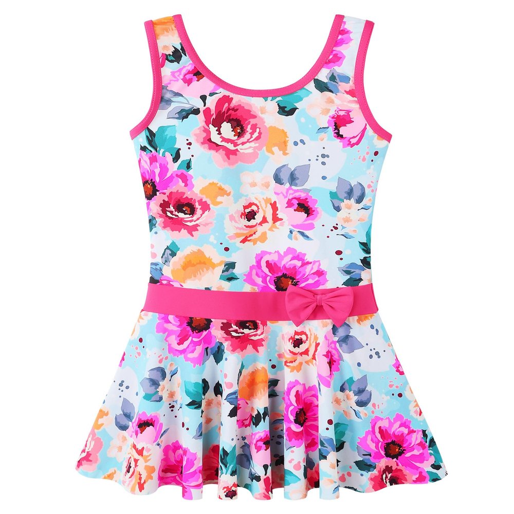 Girls Swimsuit One Piece UPF 50+ Floral Skirted Bathing Suit Modest Beach Swim Dress S458_HotPinkFlower_92/98