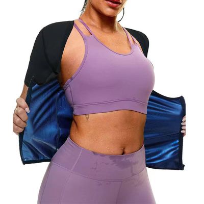 Vuirrm Sauna Vest for Women, Sauna Tank Top for Women, Women's Zipper Sauna Shirt Short Sleeve Sweat Tummy Control Shapewear,S/M,Blue