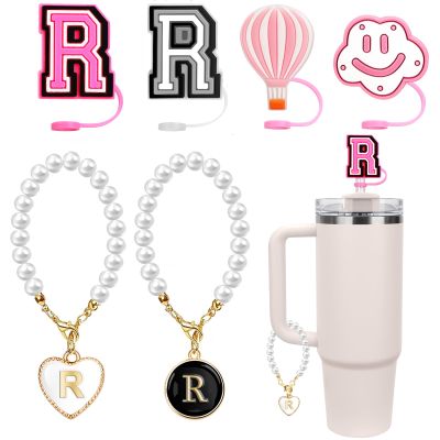Buvizas 6PCS Compatible With Stanley Cup Accessories - 4PCS 0.4"/10MM Straw Cover Cap and 2PCS Pearl Letter Charms for 30&40 Oz Cups, Straw Toppers (Pearl R)