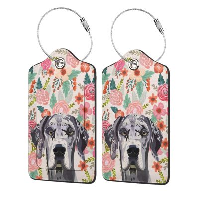 Luggage Tags for Suitcases, 2 Pack,with Stainless Steel Loop and Privacy Flap Name Id Label (Great Dane Dog Lovers Florals Pattern Printed)
