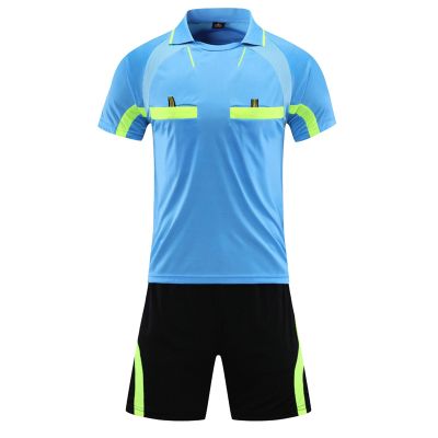 Jugaoge Men Soccer Referee Uniform Short Sleeve Soccer Referee Jersey and Athletic Shorts Set with Pockets Blue X-Large