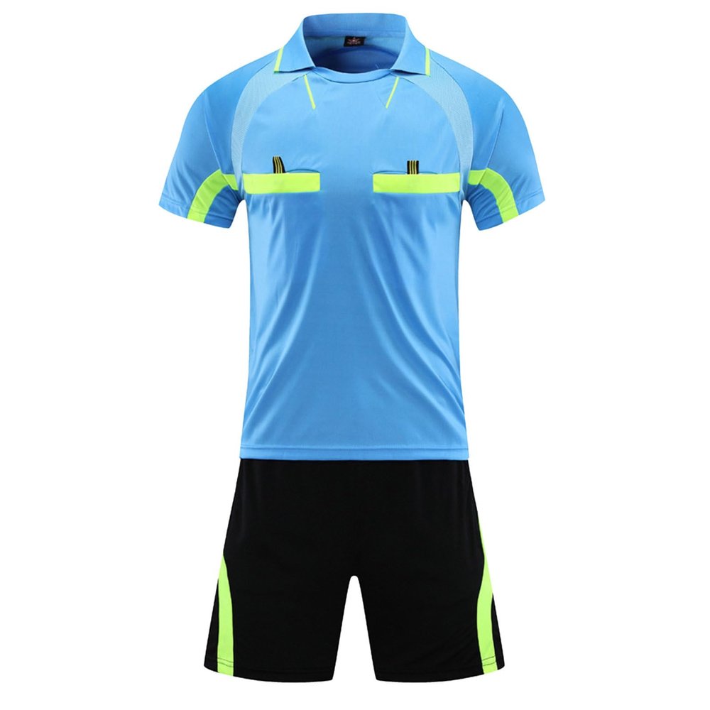 Jugaoge Men Soccer Referee Uniform Short Sleeve Soccer Referee Jersey and Athletic Shorts Set with Pockets Blue X-Large