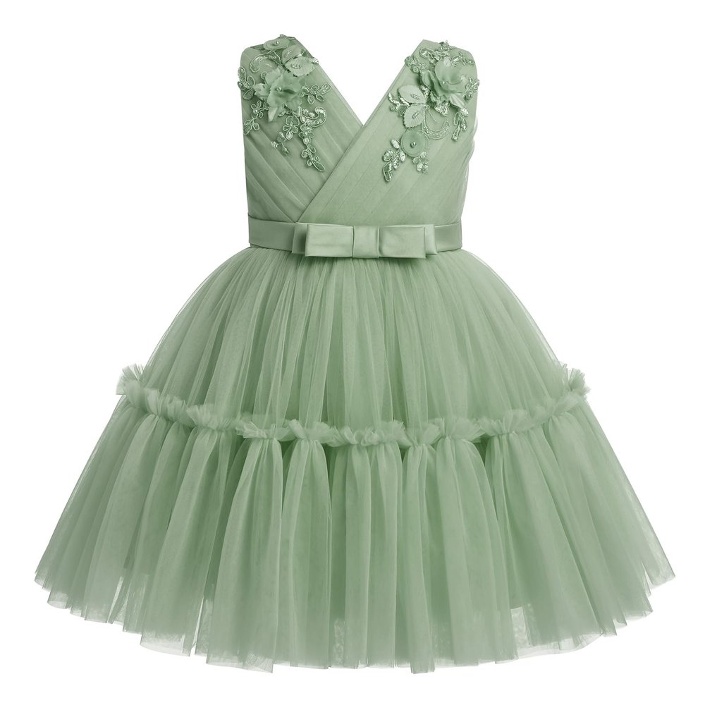 IBTOM CASTLE Flower Girls Dresses for Wedding: Toddler Sleeveless V Neck Princess Ruffle Tulle Tutu Dress Formal Pageant Fairy First Birthday Party Dress Dance Ball Gown Sage Green 4-5 Years