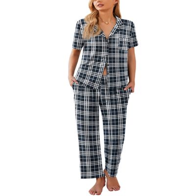 Ekouaer Women Pajamas Set Button Down Sleepwear Short Sleeve Nightwear with Long Pants Soft Pjs Set S-XXL Black Plaid S
