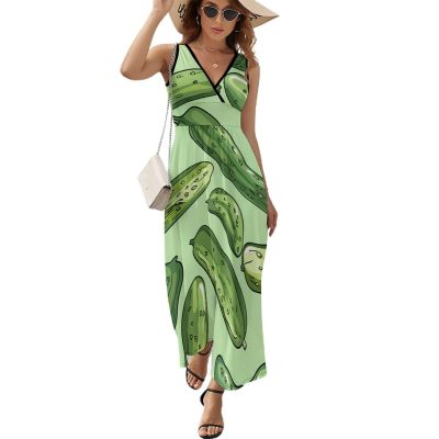 Dill Pickles Print Sleeveless Dress for Women Trendy V Neck Maxi Tank Dress Sundress S