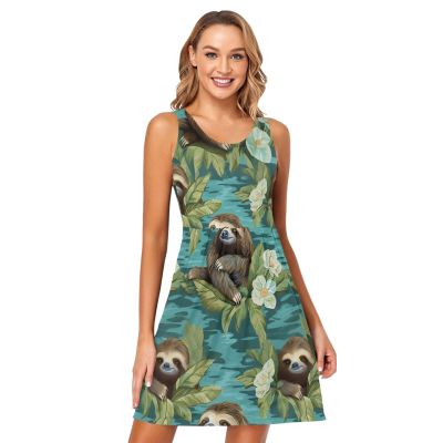 ALAZA Blossom Floral Sloth Blue Women Summer Dresses Casual Sleeveless Sundress with Pockets Tank Dress XXL