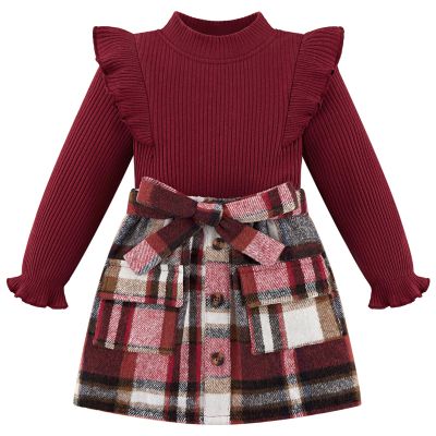Weixinbuy Toddler Girl Fall Winter Clothes Solid Long Sleeve Ribbed T-Shirt Knit Tops Plaid Button Mini Skirts Set Outfits