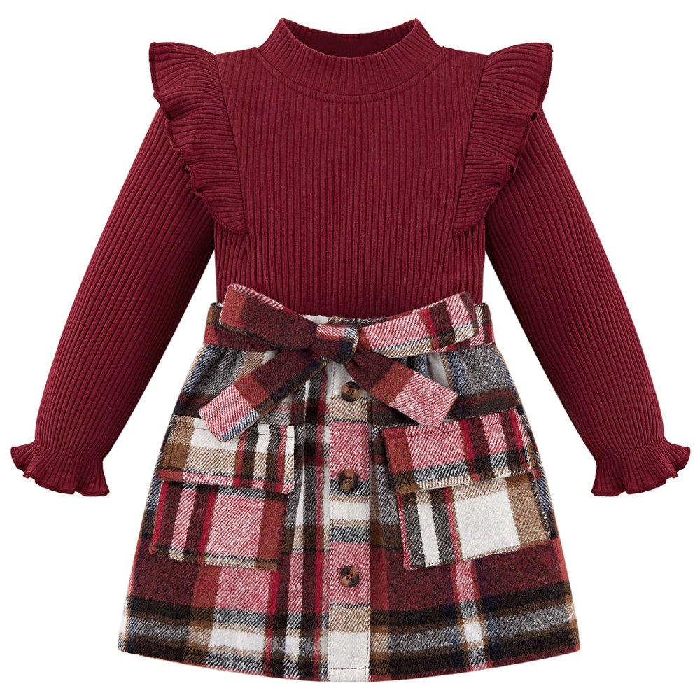 Weixinbuy Toddler Girl Fall Winter Clothes Solid Long Sleeve Ribbed T-Shirt Knit Tops Plaid Button Mini Skirts Set Outfits