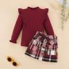 Weixinbuy Toddler Girl Fall Winter Clothes Solid Long Sleeve Ribbed T-Shirt Knit Tops Plaid Button Mini Skirts Set Outfits view 2