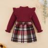 Weixinbuy Toddler Girl Fall Winter Clothes Solid Long Sleeve Ribbed T-Shirt Knit Tops Plaid Button Mini Skirts Set Outfits view 3