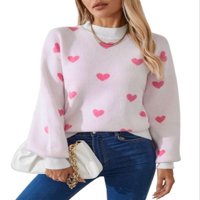 Allifewithu Women's Long Sleeve Mock Neck Sweaters Loose Casual Cute Heart Pullover Sweater White X-Large