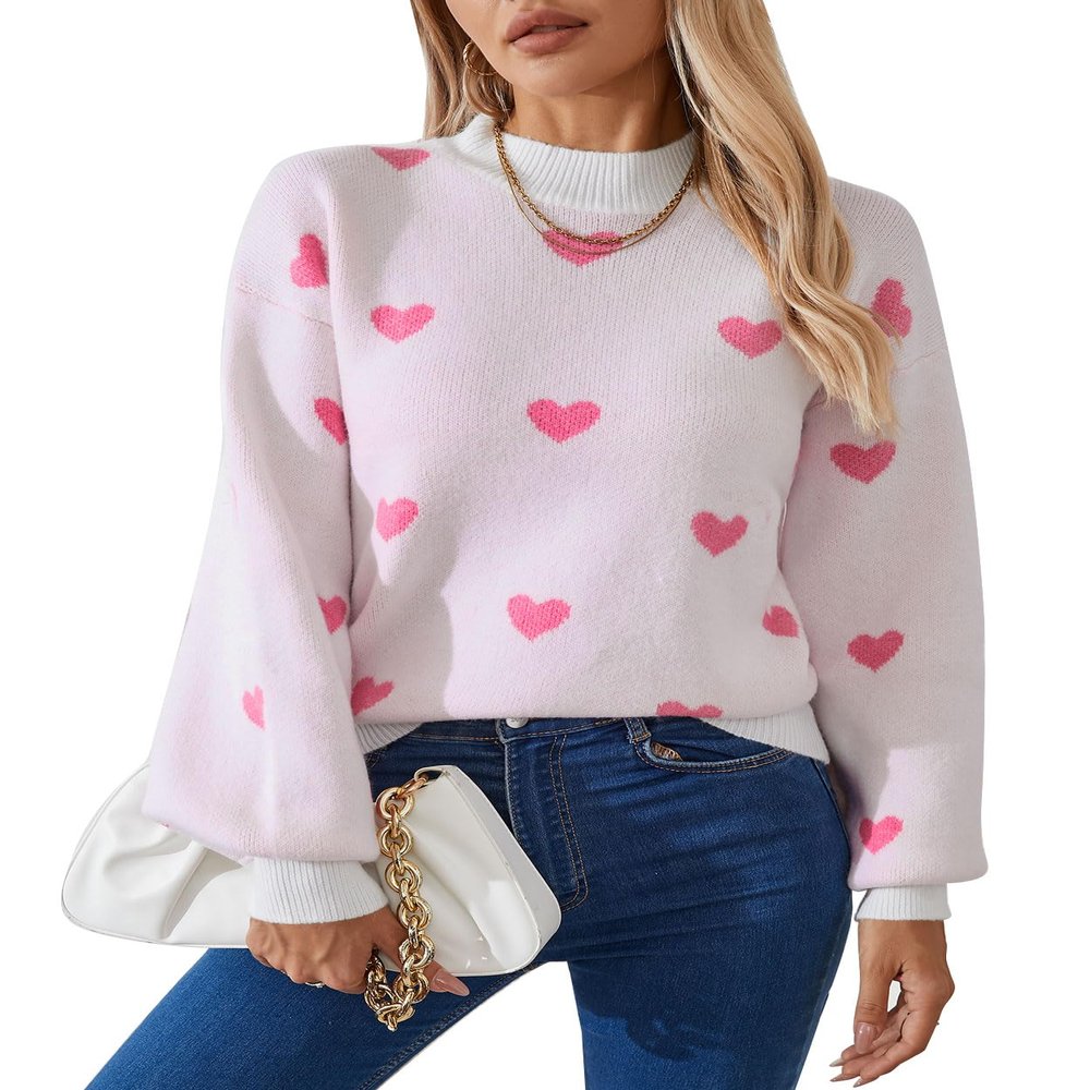Allifewithu Women's Long Sleeve Mock Neck Sweaters Loose Casual Cute Heart Pullover Sweater White X-Large