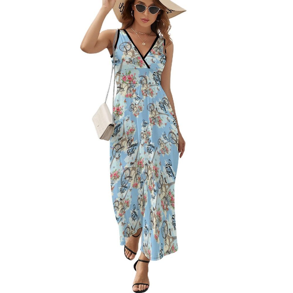 Eiffel Tower and Vintage Bicycle Flowers Sleeveless Dress for Women Trendy V Neck Maxi Tank Dress Sundress S