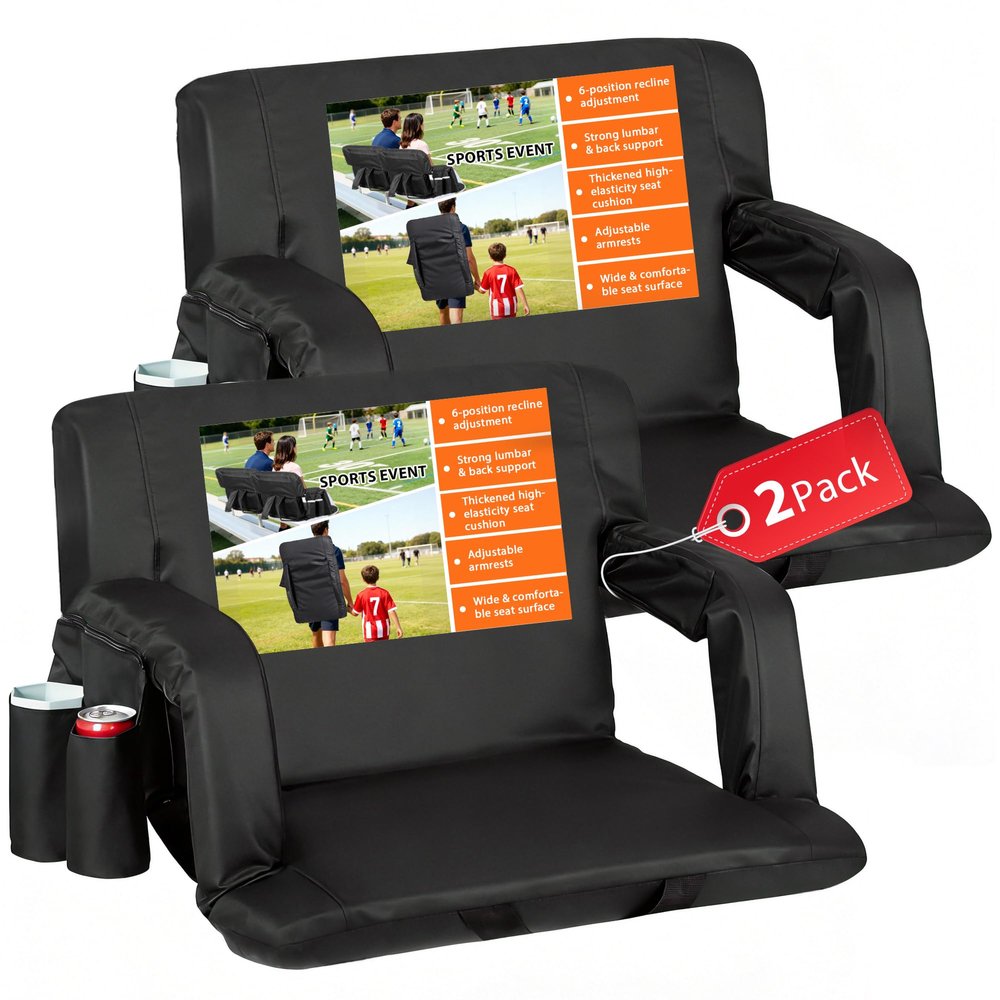 Nova Microdermabrasion Stadium Seats with Back Support and Cushion Bleacher Seat Chairs Stadium Seats for Bleachers Portable 2 Pack Reclining Camping Stadium Chair Waterproof Black