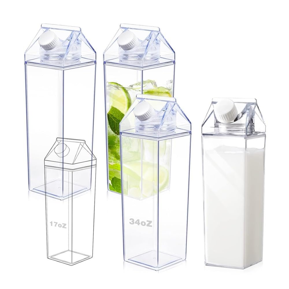 4 Pack Milk Carton Water Bottles 34oz/1000ml Leak Proof Plastic Water Bottle Reusable BPA Free Sports Water Bottle Carton Shaped Juice Milk Bottle for Gym Camping Hiking Travel Sports, Dishwasher Safe