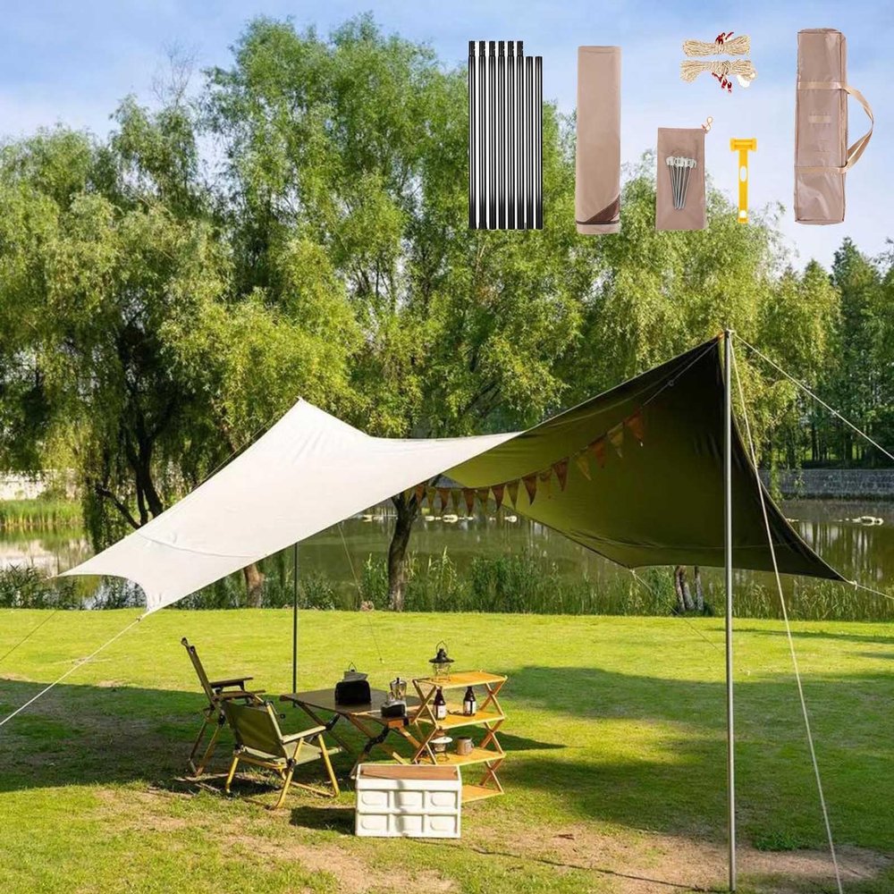 KAnduo 18X14ft Tarp with 3 Poles, Waterproof Camping Tarp Awning, Picnic Tent Rain Fly Sun Shelter for Hiking, Backpacking(Rice-White,220x173x102inch)