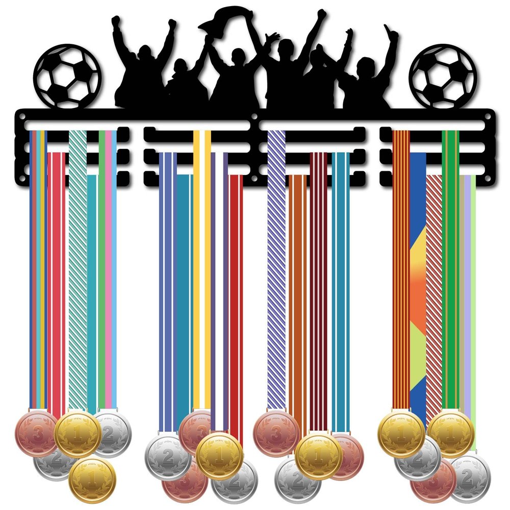 CREATCABIN Football Medal Display Hanger Soccer Medal Holder Black Iron Wall Mounted Hanging Medal Rack Organizer Medal Shelf Sports Stand Frame with 12 Hooks for Ribbon Display Medalist 15.7 x 6Inch