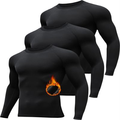 HovSiyla 3 Pack Men's Thermal Underwear Shirts Compression Fleece Lined Long Sleeve Athletic Base Layer Cold Weather Black M