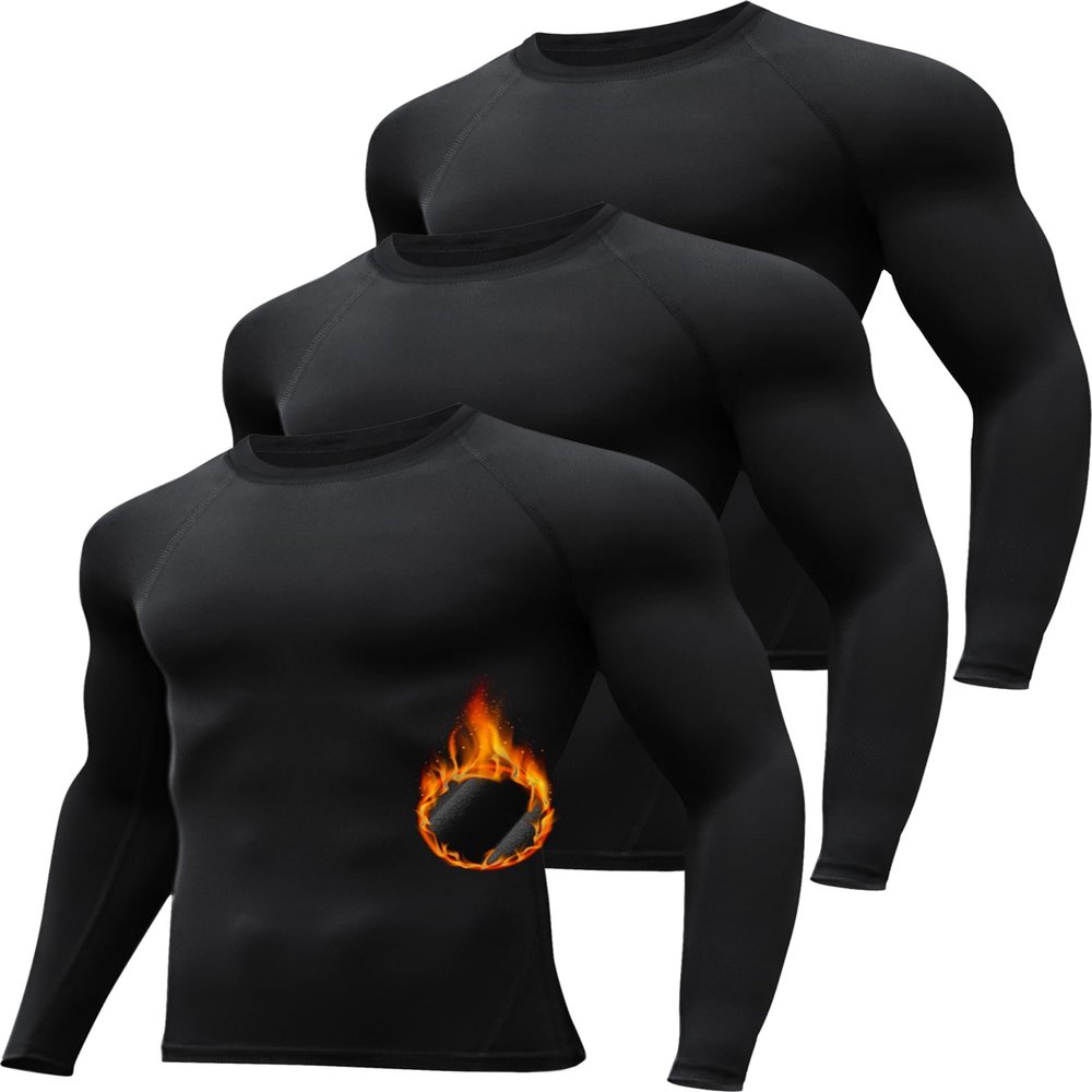 HovSiyla 3 Pack Men's Thermal Underwear Shirts Compression Fleece Lined Long Sleeve Athletic Base Layer Cold Weather Black M