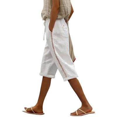DMOYALA Linen Shorts for Women Summer Beach Cotton Linen Capris Knee Length Bermuda Shorts Elastic Waist Sweat Lounge Shorts White 3XL