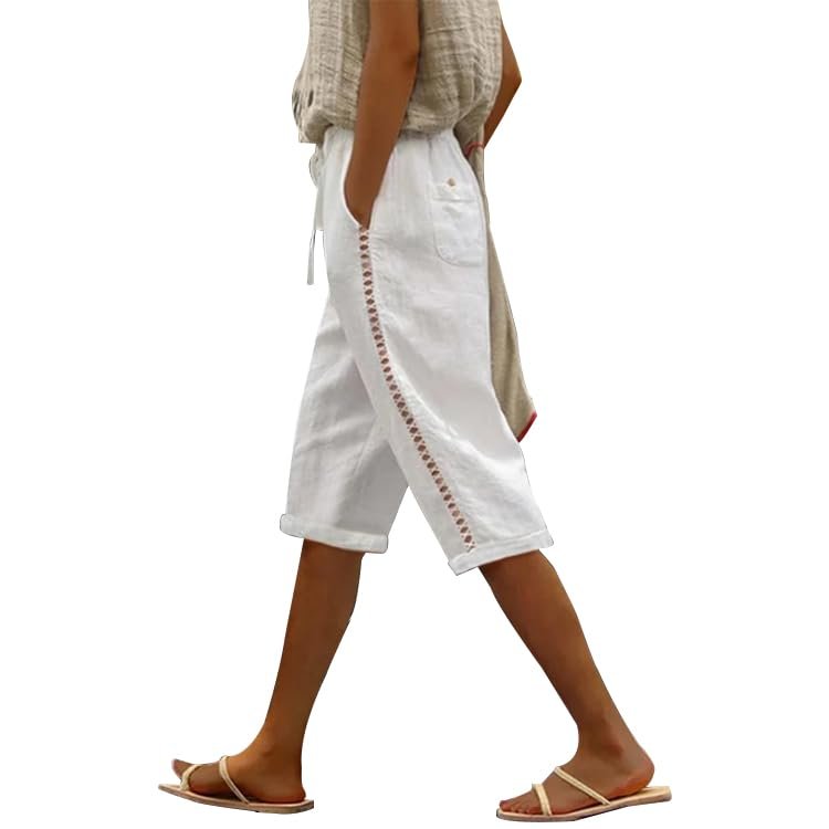 DMOYALA Linen Shorts for Women Summer Beach Cotton Linen Capris Knee Length Bermuda Shorts Elastic Waist Sweat Lounge Shorts White 3XL