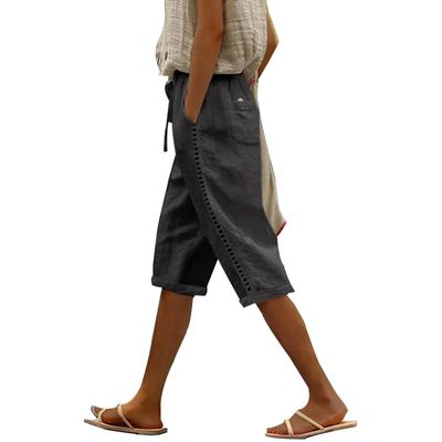 DMOYALA 2024 Women's Summer Casual Linen Pants Elastic Waist Relaxed Fit Cropped Pants Beach Shorts with Pockets Dark Grey 2XL