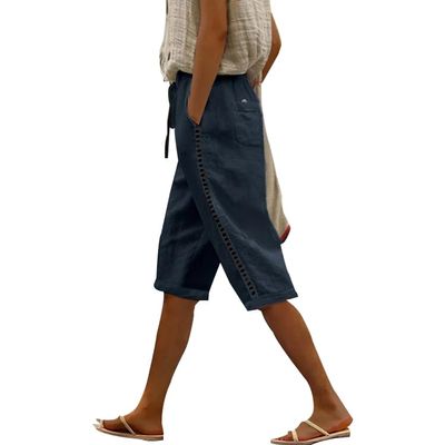 DMOYALA Cotton Linen Bermuda Shorts for Women Elastic High Waist Solid Color Cargo Shorts Comfy Summer Sweat Shorts with Pockets Navy 3XL