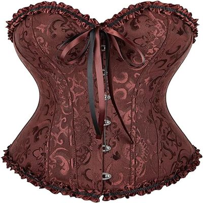 ADELCE Women's Lace Up Corset Boned Floral Overbust Shapewear Lingerie Bustier Bodyshaper Top Brown 6XL