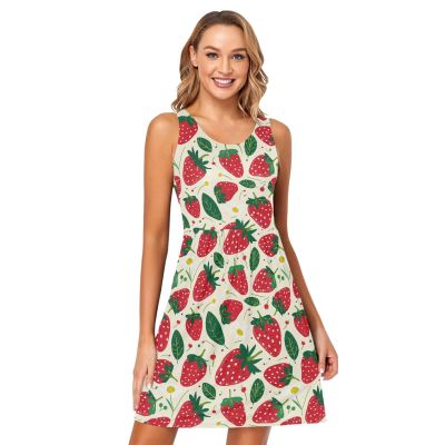 ALAZA Fruit Blossom Strawberry Leaf Women Summer Dresses Casual Sleeveless Sundress with Pockets Tank Dress XXL