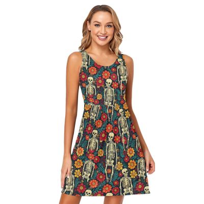 ALAZA Human Skeleton Sugar Skull Blossom Women Summer Dresses Casual Sleeveless Sundress with Pockets Tank Dress M
