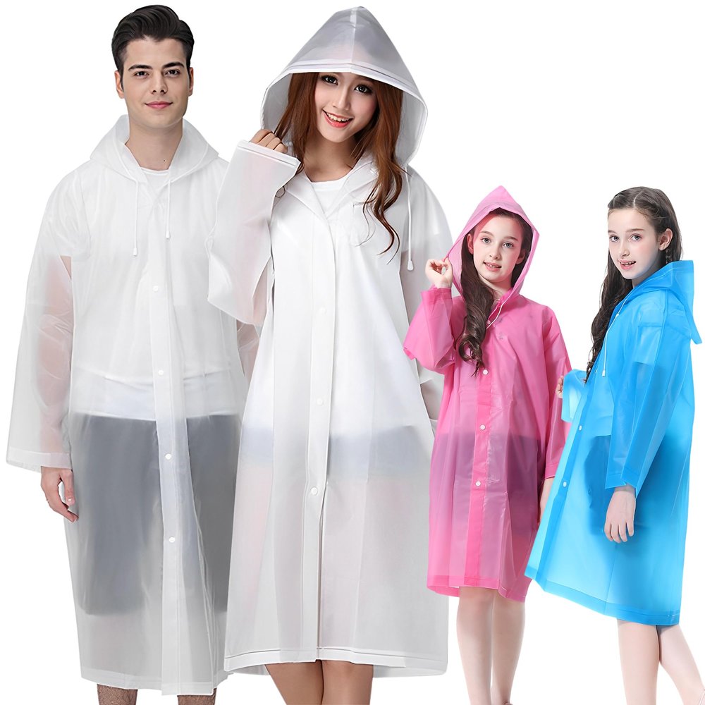 Rain Ponchos for Adults(2 White) + Kids(1 Blue+1 Pink), 4 Pack Reusable Raincoats with Hood for Emergency, Family Disney World, Travel