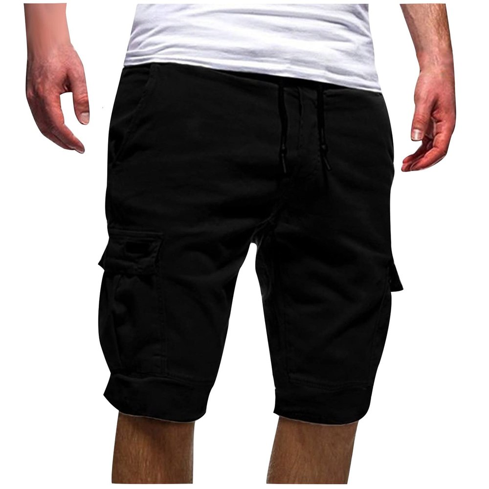 Ctreela Men's Drawstring Cargo Shorts Summer Casual Bermuda Shorts with Pocket Plus Size Outdoor Short Sweatpants S-5XL Black