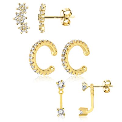 14K Gold Stud Hoop Earrings Set for Women 925 Sterling Silver Cartilage Earrings Hypoallergenic Small Cubic Zirconia Stud Hoop Earrings, 3 Pairs