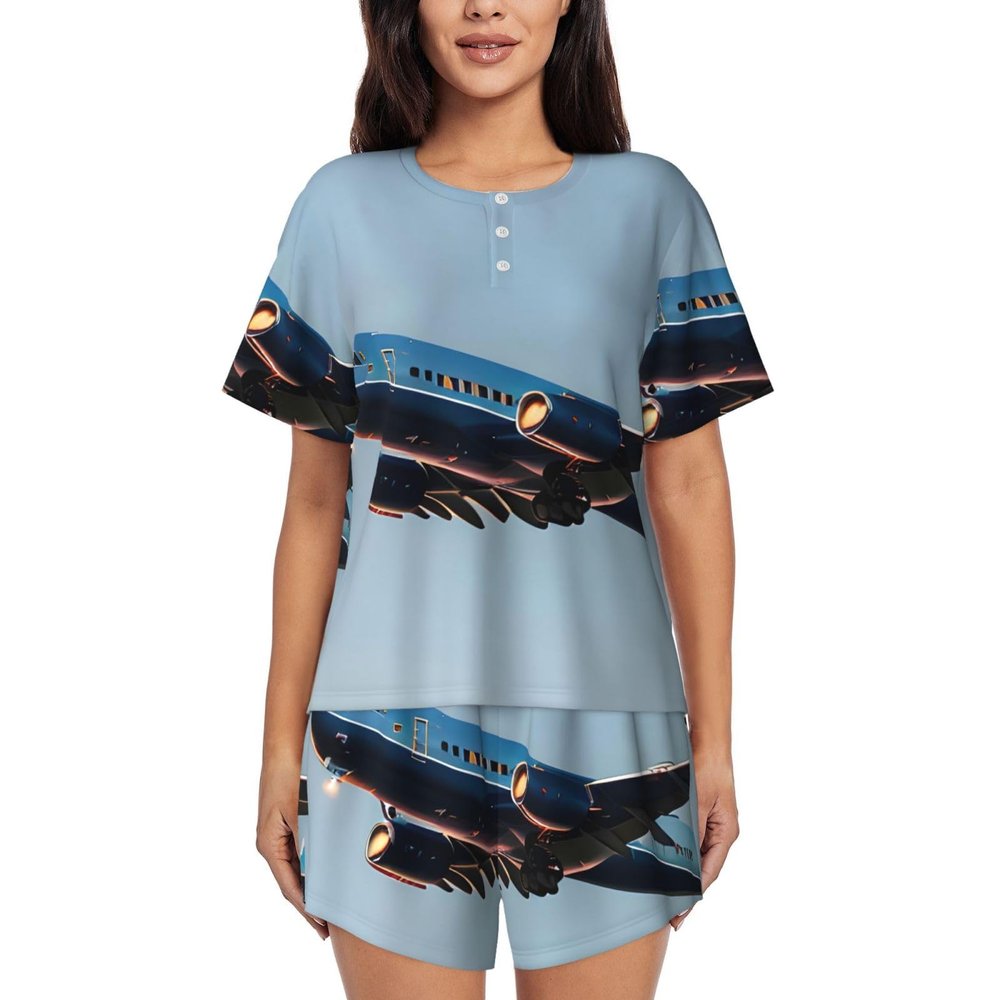 YQxwJL Flying Airplane Print Womens Summer Pajama Sets Sleepwear Ladies Short Sleeve Nightwear Pjs Lounge With Pockets Black