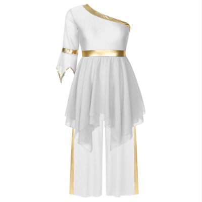 Yhong Women Praise Dance Outfits One Shoulder Flared Sleeve Worship Dance Dress Wide-Leg Pants 2 Piece Outfit White X-Large