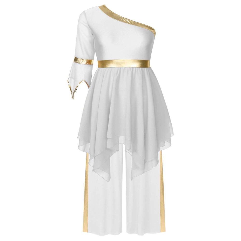 Yhong Women Praise Dance Outfits One Shoulder Flared Sleeve Worship Dance Dress Wide-Leg Pants 2 Piece Outfit White X-Large