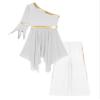 Yhong Women Praise Dance Outfits One Shoulder Flared Sleeve Worship Dance Dress Wide-Leg Pants 2 Piece Outfit White X-Large view 3