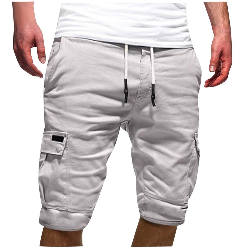 Ctreela Men's Drawstring Cargo Shorts Summer Casual Bermuda Shorts with Pocket Plus Size Outdoor Short Sweatpants S-5XL White