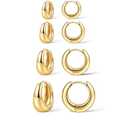 5mm Thick Chunky Gold Hoop Earrings for Women Non Tarnish, 14K Gold Plated Chunky Huggie Cartilage Earring Stack, Lightweight Cute Drop Earrings Sets for Multiple Piercing Dainty Trendy Clip On Jewelry